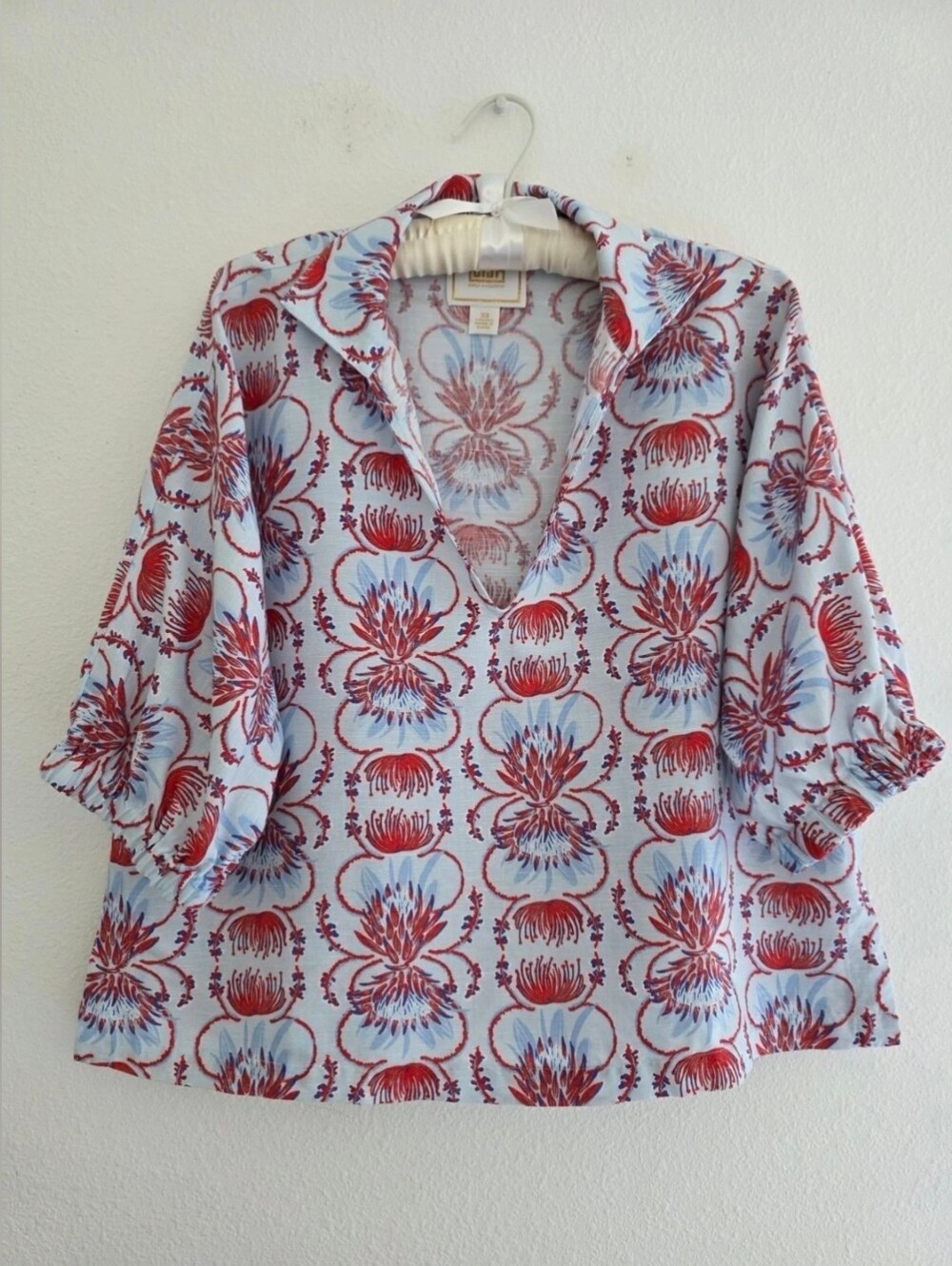 Emily McCarthy Top Linen Blend Puff Elbow Sleeves Collared V-Neck Cropped Sz XS